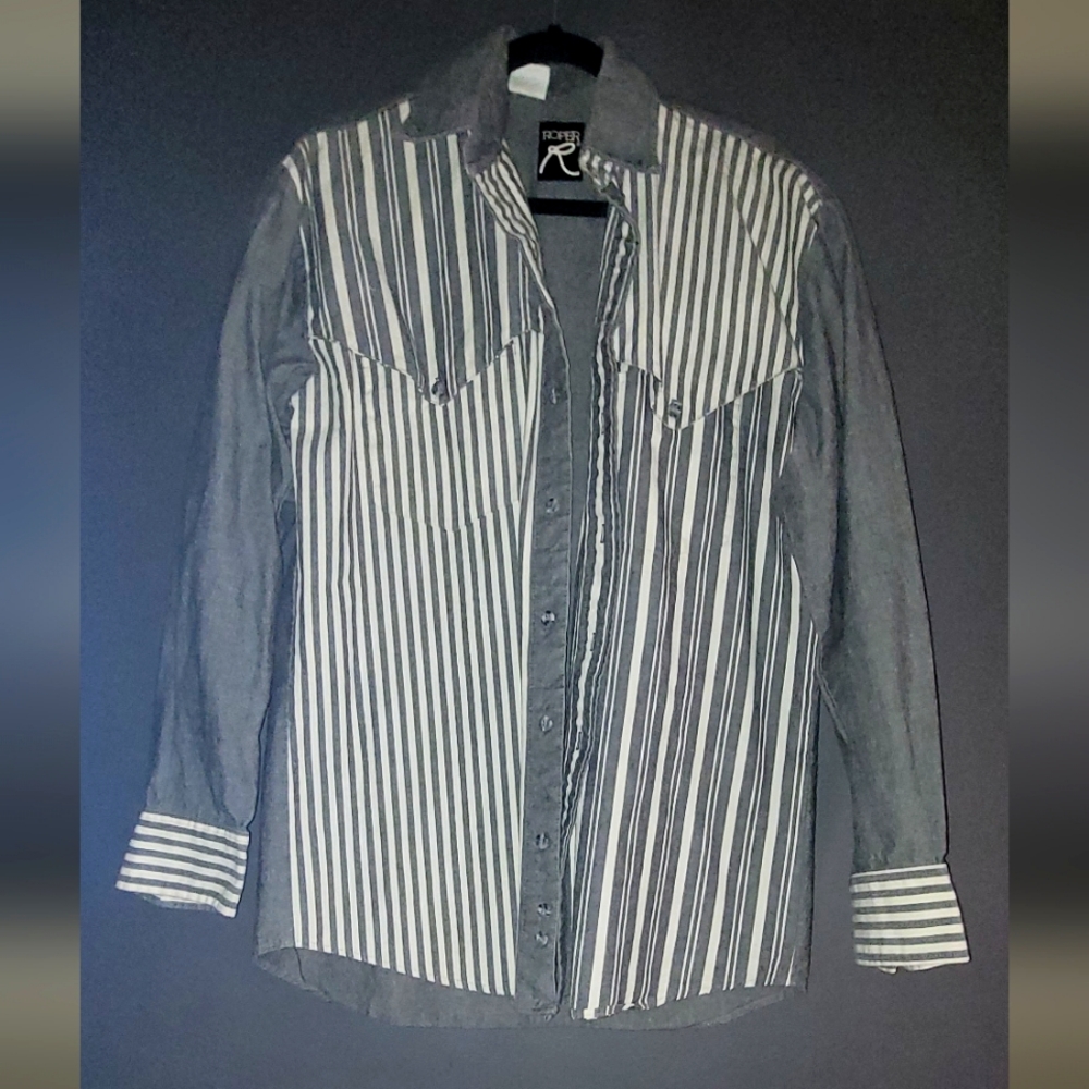 Roper mens western button down stripped shirt gray white size L
